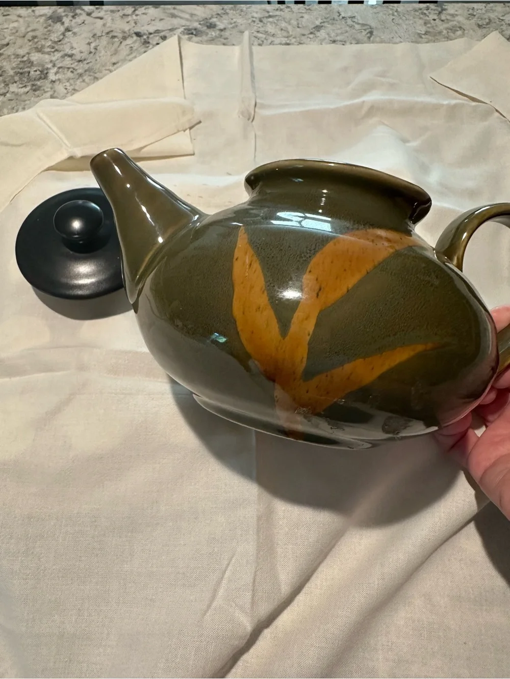 Pier 1  Hand-Painted Ceramic Teapot in Olive Green with Black Lid